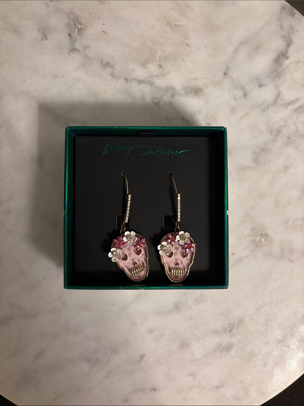 Betsey Johnson Pink Skull Flower Drop Earrings with Crystal Accents